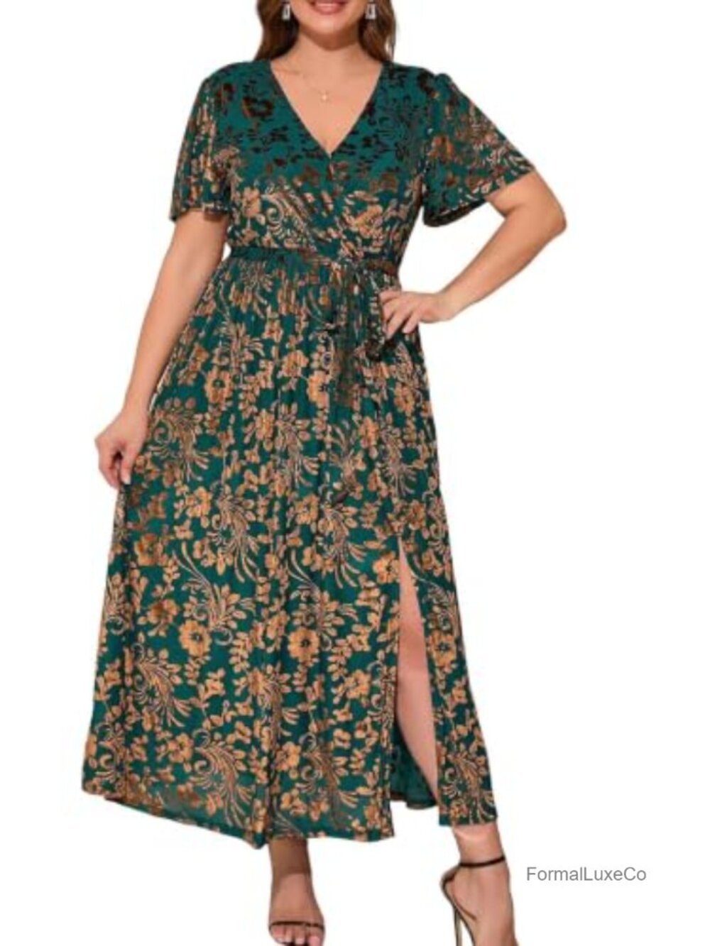 Burnout Velvet V Neck Floral Maxi Dress Flutter Sleeve Smocked Waist